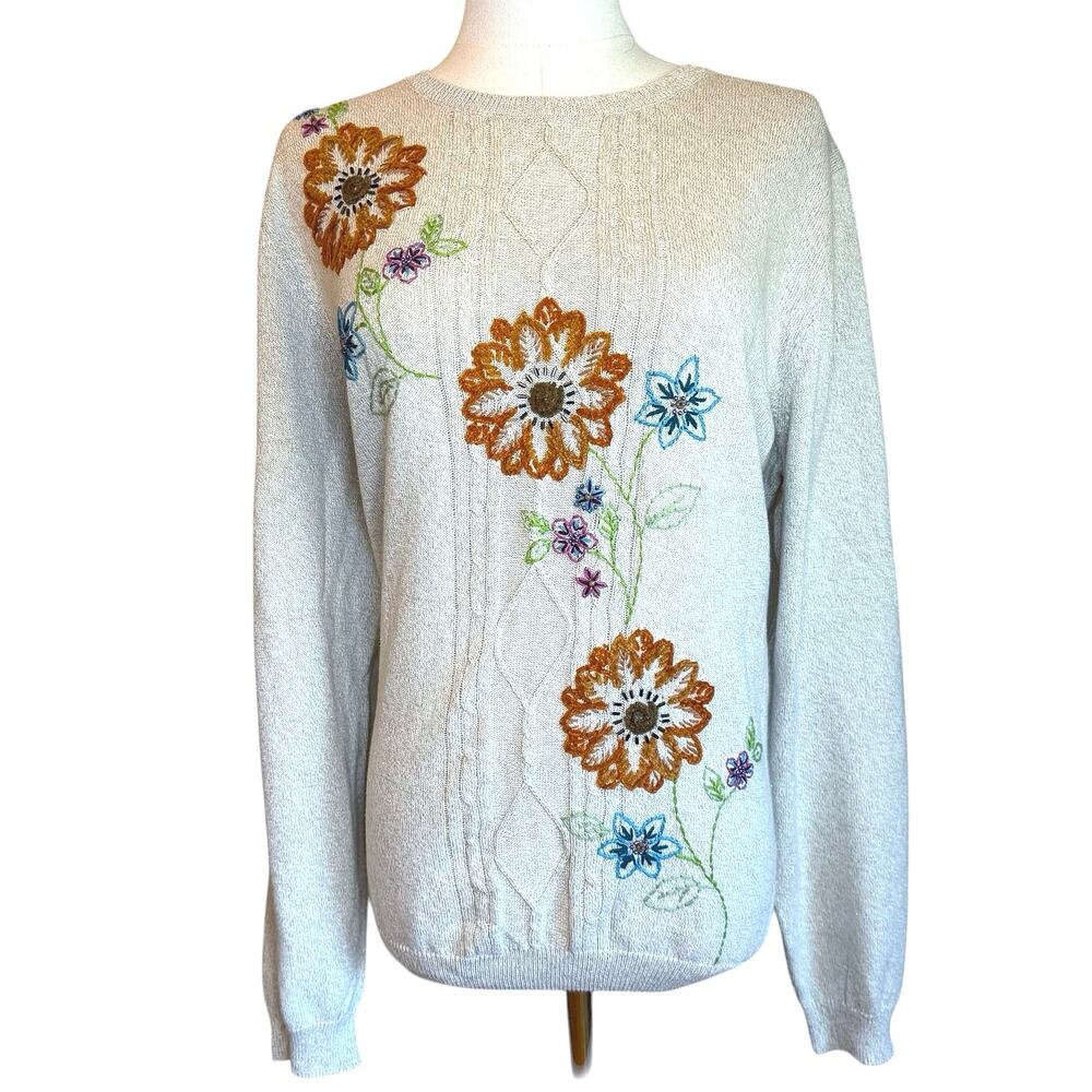Alfred Dunner Floral Embroidery Beaded Sweater NWT Women’s L Cottagecore